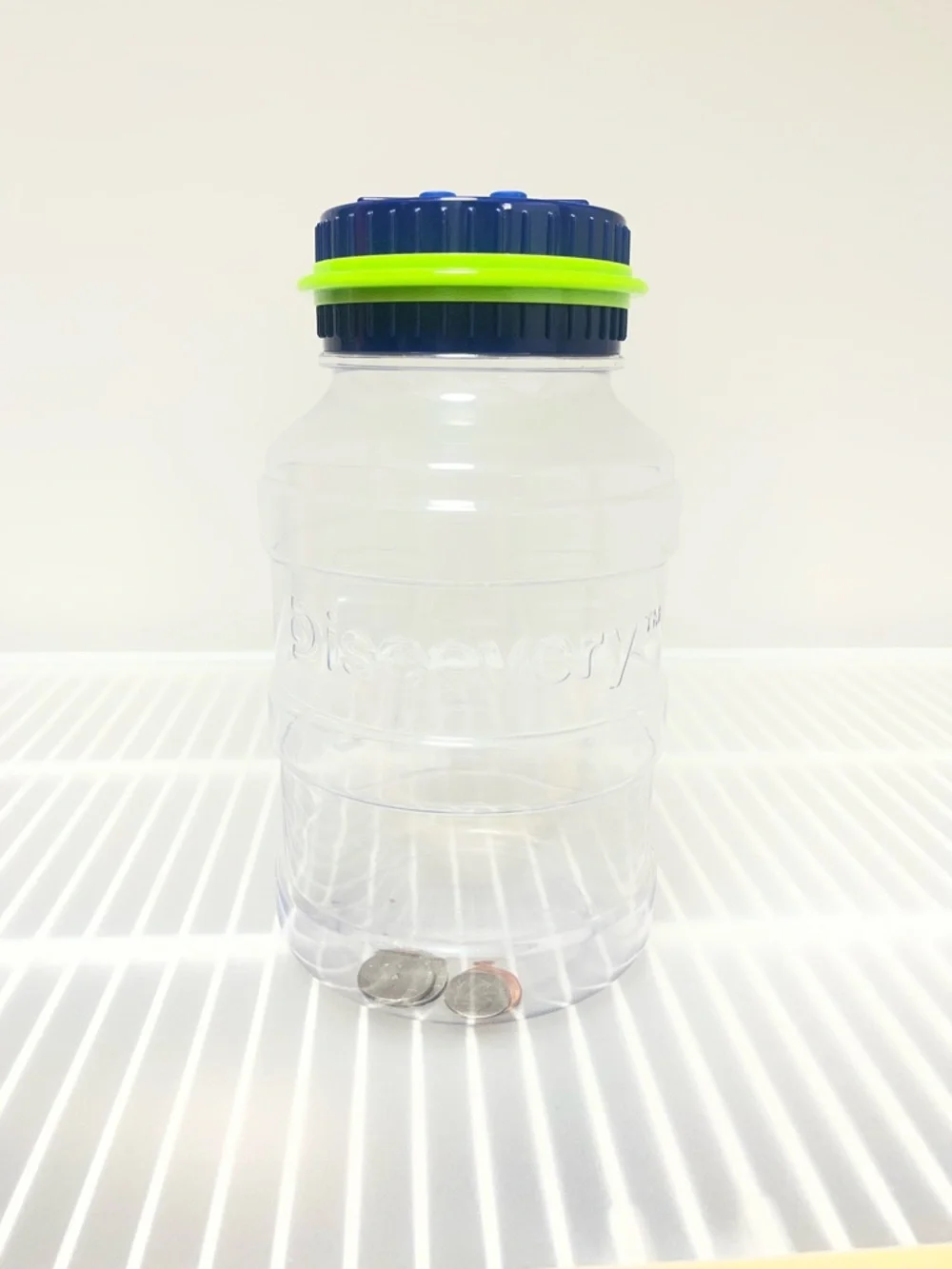 Discovery Kids Clear Coin Counting Money Jar with Blue and Green Lid NWT